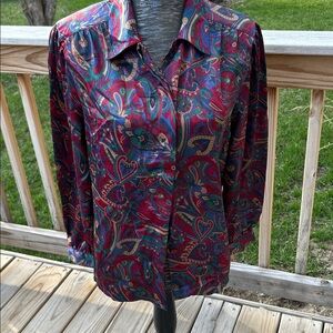 Koret Vintage Paisley Button-Up Blouse in Burgundy and Teal NWT